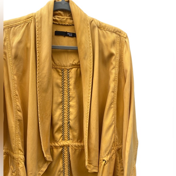 Max Jeans Draped Jacket in Mustard Yellow, Fall Trench Coat, Open Tie Front Coat - Picture 7 of 13